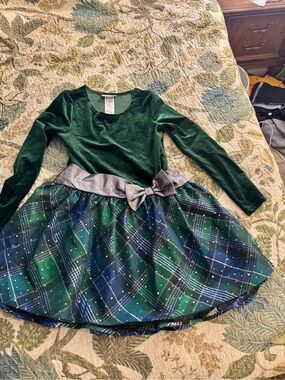 Bonnie Jean Green Velvet Dress with Plaid Tulle Skirt